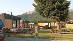 a cabin with a tree and a picnic table at Tinys Abedul in Lago Meliquina