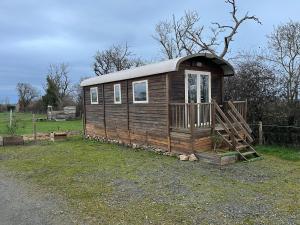 a large wooden cabin with a tin roof at La roulotte des écuries in Saint-Pierre-de-Chemillé