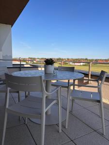 a table and chairs with a potted plant on a balcony at Penthouse-Villa Natura in Hegykő