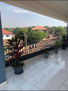 a balcony with potted plants and a fence at Linda's Guest House in Rotouma