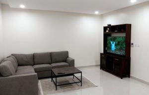 a living room with a couch and a tv at Beach star residency 2 in Muscat