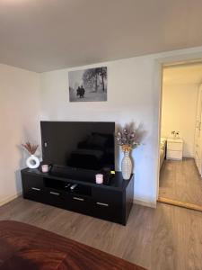a living room with a flat screen tv on a black entertainment center at Central leilighet i Kristiansand Vågsbygd in Kristiansand