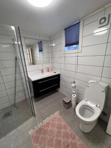 a bathroom with a toilet and a sink and a shower at Central leilighet i Kristiansand Vågsbygd in Kristiansand +12 photos