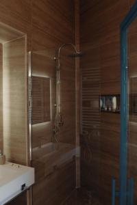a shower in a bathroom with wooden walls at Andrew suites in Nettuno