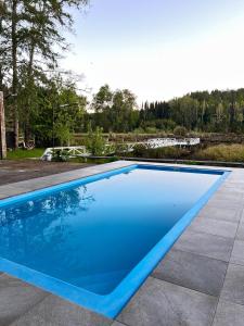 a large blue swimming pool on a patio at Cabañas Laguna Magica in Valdivia