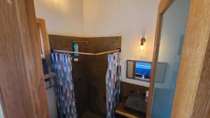 a bathroom with a shower and a television in it at Bungalow con alberca Privada y Climatizada en Tequisquiapan in Tequisquiapan +13 photos