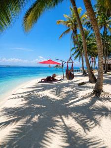 a beach with palm trees and a swing and the ocean at camping eco demar achu in Cayos Los Grullos