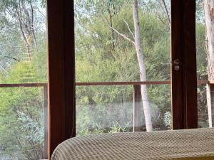 a bedroom with a window looking out at a tree at The Odd Frog in Bright