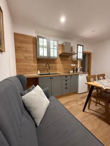 a living room with a blue couch and a kitchen at Villa Montis in Vysoké Tatry