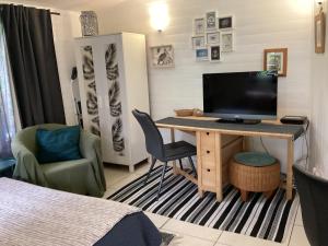 a bedroom with a desk with a television and a chair at Maisonnette Nantes in Nantes