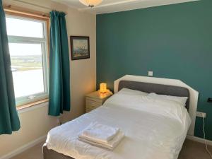 a bedroom with a bed with blue walls and a window at The Westings in Tingwall
