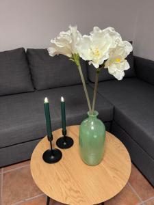 a green vase with two white flowers on a table at Cozy apartment in Drammen