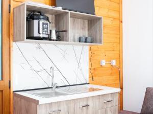 a kitchen with a sink and a microwave at Arditis Cozy Studio in Bogë