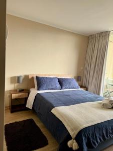 a bedroom with a bed with blue sheets and a window at Alto Arrayán in Osorno