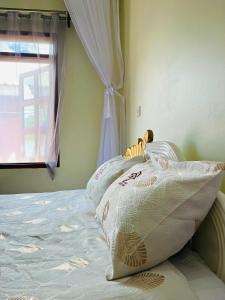 a bedroom with a bed with a pillow and a window at St. Patrick’s Forest House in Entebbe