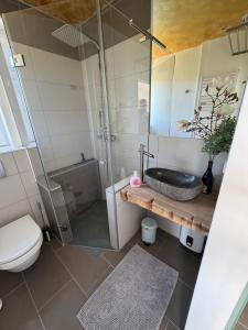 a bathroom with a sink and a toilet and a shower at Traum Ferienwohnung Kell am See in Kell