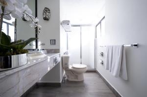 a white bathroom with a toilet and a sink at Hotel Royal Spa in Zimapán +19 photos