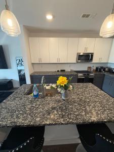 a kitchen counter with a sink and a vase of flowers on it at Cozy Comfortable Apartment in Atlanta in Atlanta +2 photos