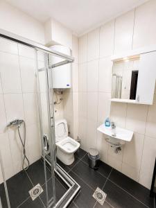 a bathroom with a shower and a toilet and a sink at Nastov Apartments in Veles