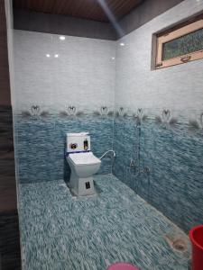 a bathroom with a toilet and a shower at Harshil Pinewood Homestay in Harsil