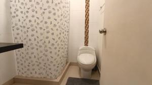 a bathroom with a toilet and a shower curtain at Departamentos Céntricos en Lima in Lima +18 photos