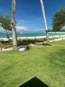 a lawn with palm trees and the beach at Adams Villas in Katiet