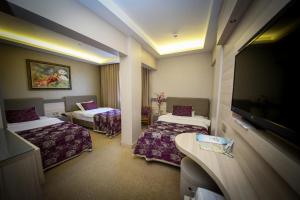 Habitación de hotel con 2 camas y TV de pantalla plana. en Asya Hotel, en Balıkesir