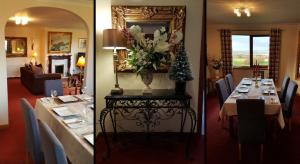 duas imagens de uma sala de jantar com uma mesa e uma sala de estar em One Strathview B&B em Forfar
