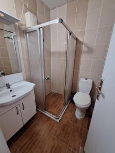 a bathroom with a shower and a toilet and a sink at Dilmac Hotel in Gelibolu