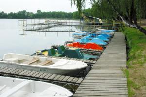 une rangée de bateaux garés à un quai sur l'eau dans l'établissement Ośrodek Niezamyśl, à Zaniemyśl