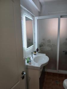 a white bathroom with a sink and a shower at Dimitris Apartment in Karditsa +20 photos