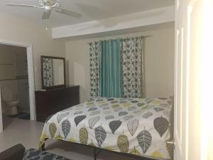 a bedroom with a bed and a ceiling fan at The Cosy Home in Lucea +21 photos