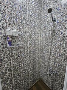 a shower in a bathroom with a tile wall at Pearl studio avec terrasse in Larache +24 photos