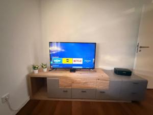 a flat screen tv sitting on top of a wooden cabinet at Zwischen Donau & Kurpark in Bad Abbach +8 photos