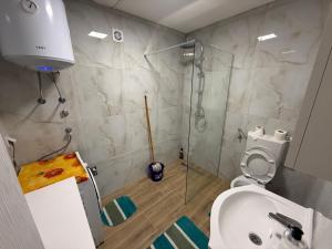 ein Badezimmer mit Toilette und Glasdusche in der Unterkunft Apartman Katarina in Foča