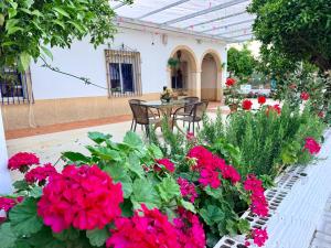 a patio with red flowers and a table and chairs at La Casa del Flamenco in Cañada del Rabadán