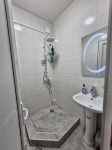 a bathroom with a shower and a sink at Rystavi in Rustavi