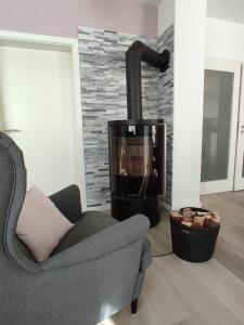 a living room with a fireplace and a chair and a television at Ferienoase Müller in Lichtenhain