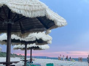a group of straw umbrellas on a beach at Casa Dina Blu alle Morge in Torino di Sangro