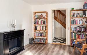 a living room with a fireplace and book shelves at 4 Bedroom Awesome Home In Ribe in Ribe +11 photos