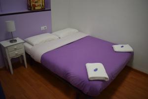 1 dormitorio con 1 cama con manta morada en Hostal MiMi Las Ramblas, en Barcelona