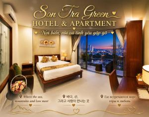 a hotel room with a bed and a balcony at Son Tra Green Hotel & Apartment - near the My Khe beach, Son Tra Peninsula, Linh Ung Pagoda in Danang