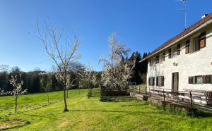 a field next to a building with a tree in it at Pension am Waldesrand in Regen