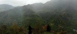 a misty mountain with a village on it at Merze Suit Otel in Çamlıhemşin