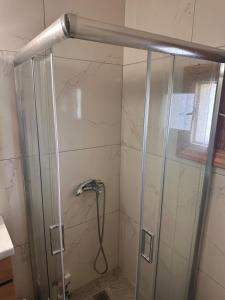 a shower in a bathroom with a glass door at Nafplio Garden House in Nea Tiryntha +97 photos