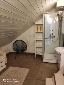 ein Badezimmer mit Dusche, Stuhl und Waschbecken in der Unterkunft Maininki in Sulkava + 56 Fotos
