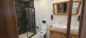 a bathroom with a sink and a toilet at Merze Suit Otel in Çamlıhemşin