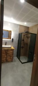 a bathroom with a sink and a shower and a mirror at Merze Suit Otel in Çamlıhemşin +9 photos