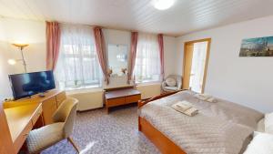 a bedroom with a bed and a desk and a television at Goldener Engel /Pension in Görlitz