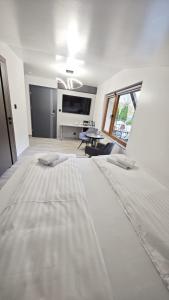 a white bedroom with a large bed and a tv at Noclegi Ewelina in Nowa Ruda